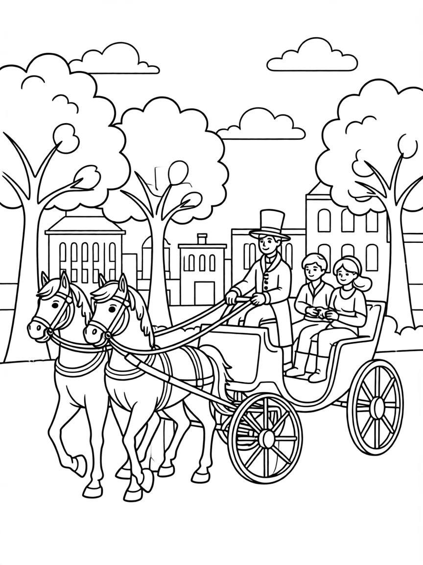 Horse-drawn carriage in park with couple riding, driver in period costume, and romantic city setting