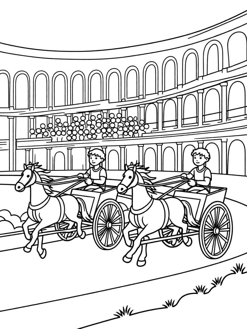 Chariot race in ancient arena with horses running, driver holding reins, and Roman colosseum crowds