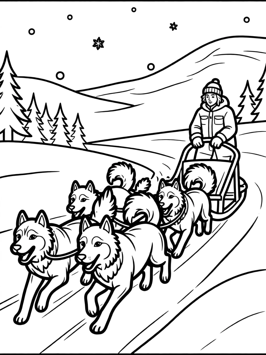 Dog sled team racing across snow with musher guiding, huskies running, and Arctic wilderness landscape