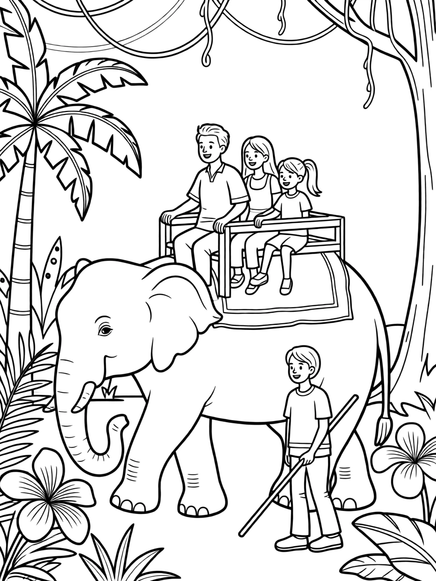 Elephant ride through jungle with tourists seated, mahout guiding, and tropical forest scenery around