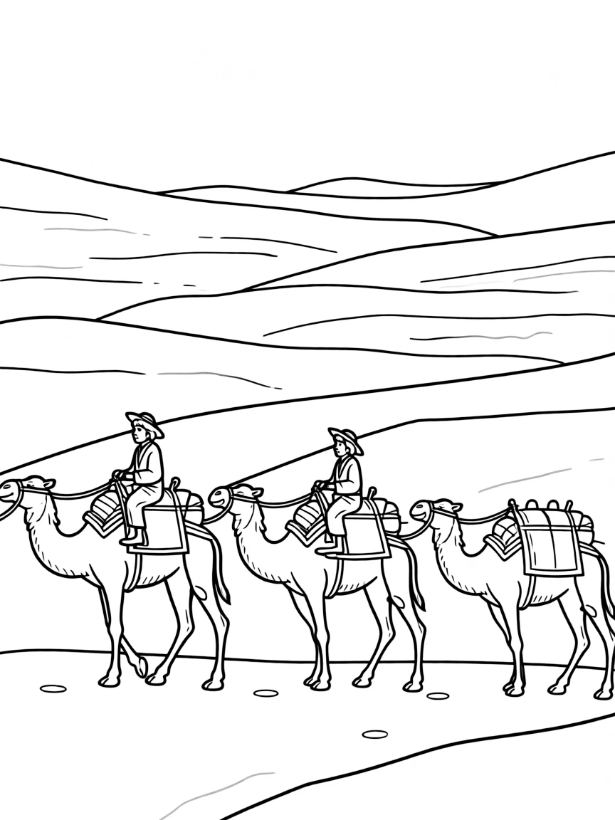 Camel caravan crossing desert with riders, pack animals loaded, and sand dunes stretching endlessly