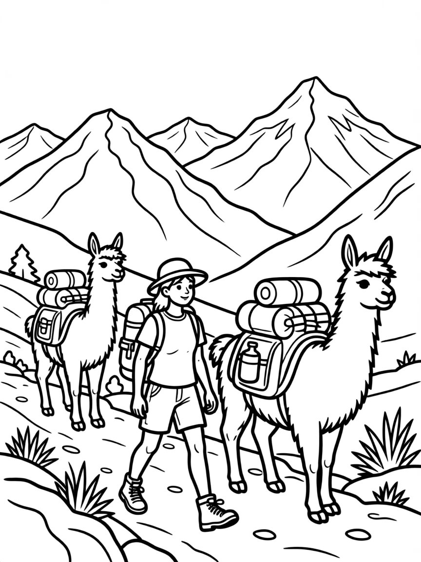 Llama trekking in mountains with hikers, pack animals carrying gear, and Andean peaks in background
