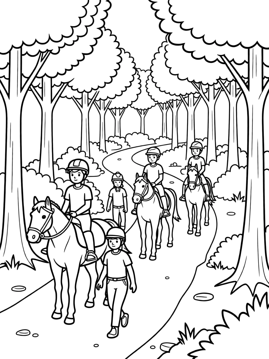 Horse trail ride with riders wearing helmets, guides leading, and forest path winding through trees