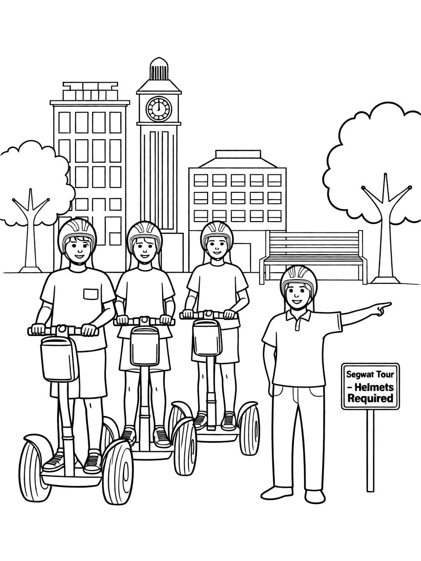 Segway tour group with riders, helmets required, guide explaining, and city landmarks visible around