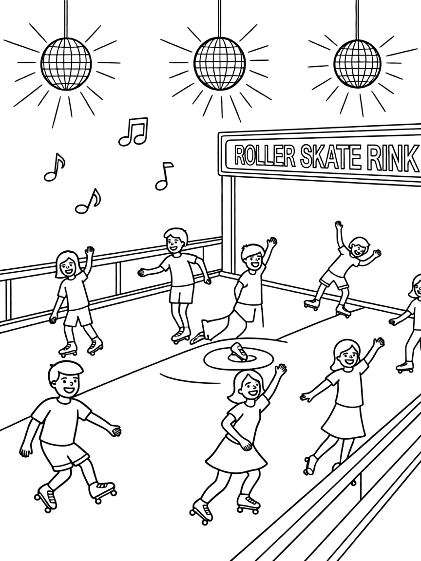 Roller skates dancing in rink with disco lights, music playing, and skaters showing moves and tricks