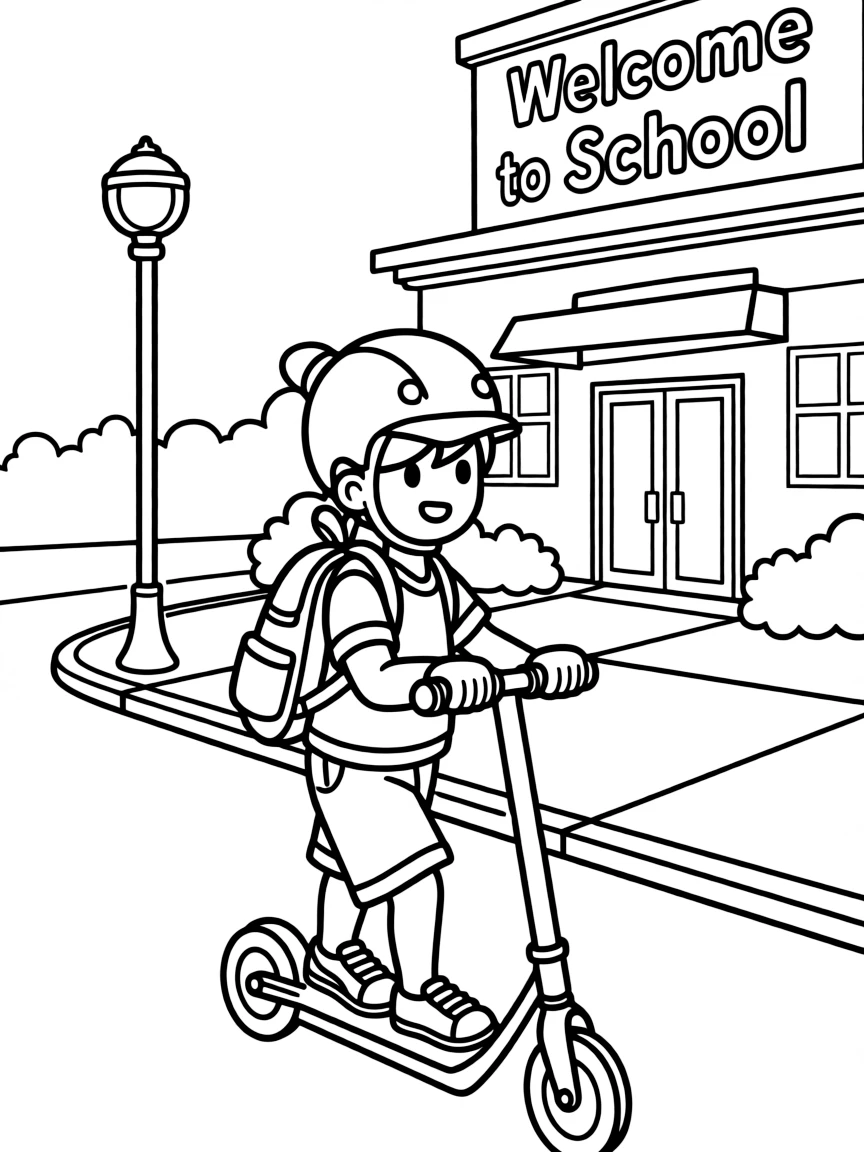 Scooter ride to school with child wearing helmet, backpack secured, and neighborhood sidewalks safe
