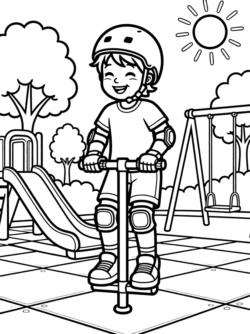 Pogo stick bouncing with child having fun, safety gear worn, and playground setting with soft surfaces