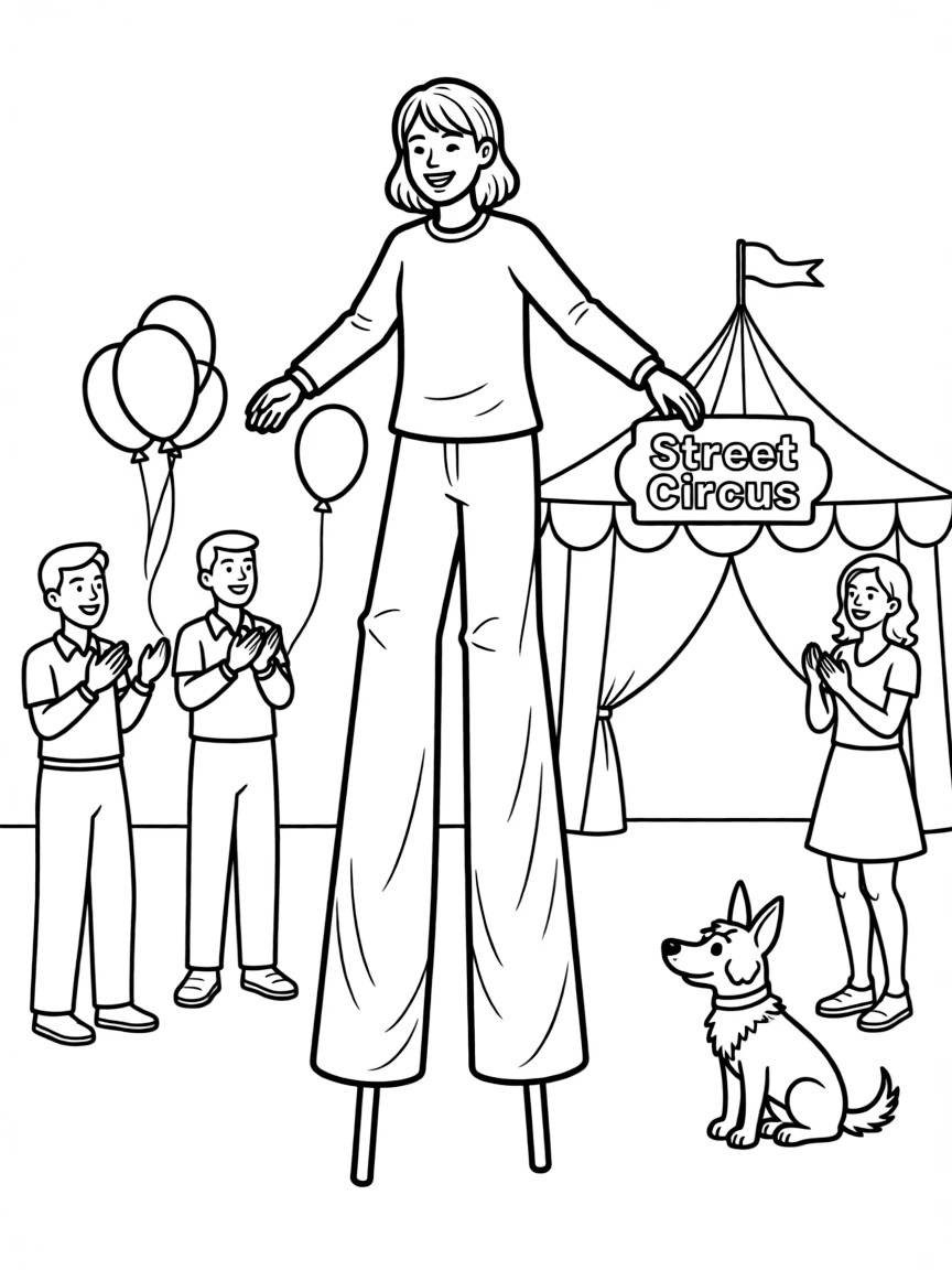 Stilts walking with person elevated, balance required, and circus or street performance atmosphere around