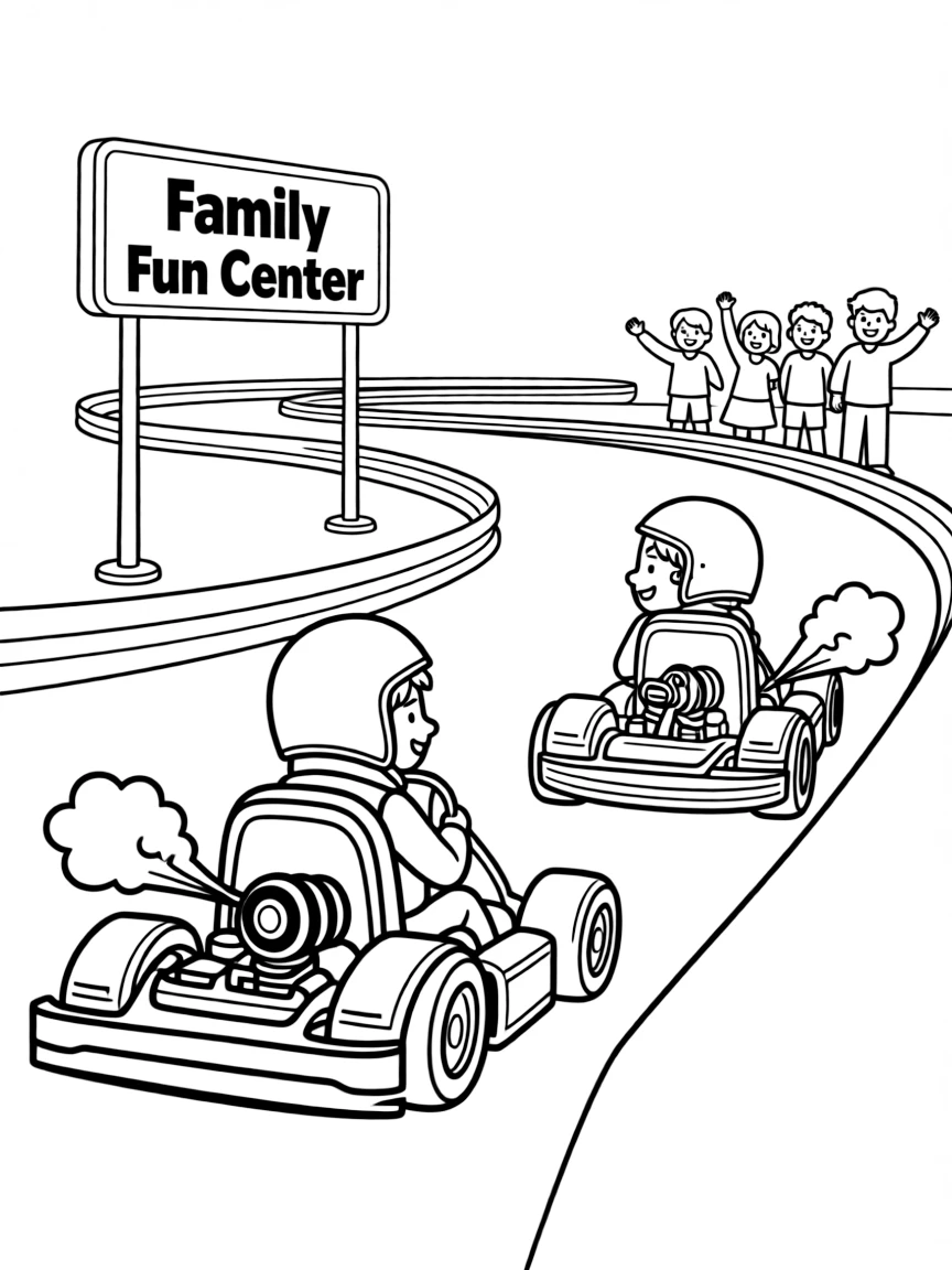 Go-kart racing with drivers wearing helmets, small engines revving, and family fun center track