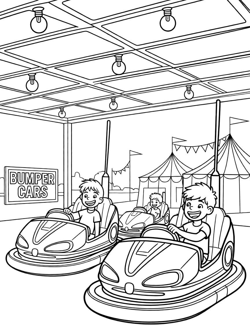 Bumper cars at carnival with riders laughing, electrical connections, and fair atmosphere with lights