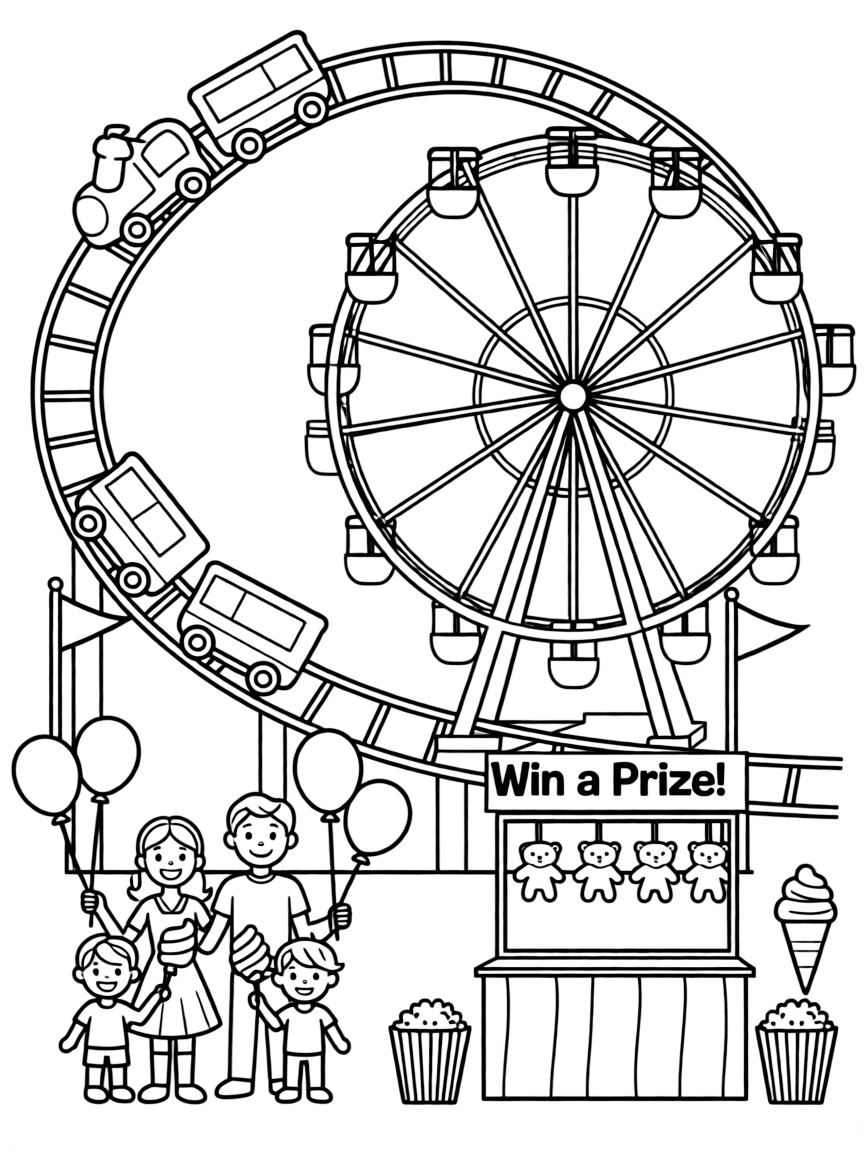 Amusement park rides with roller coaster, Ferris wheel, and families enjoying carnival games and treats
