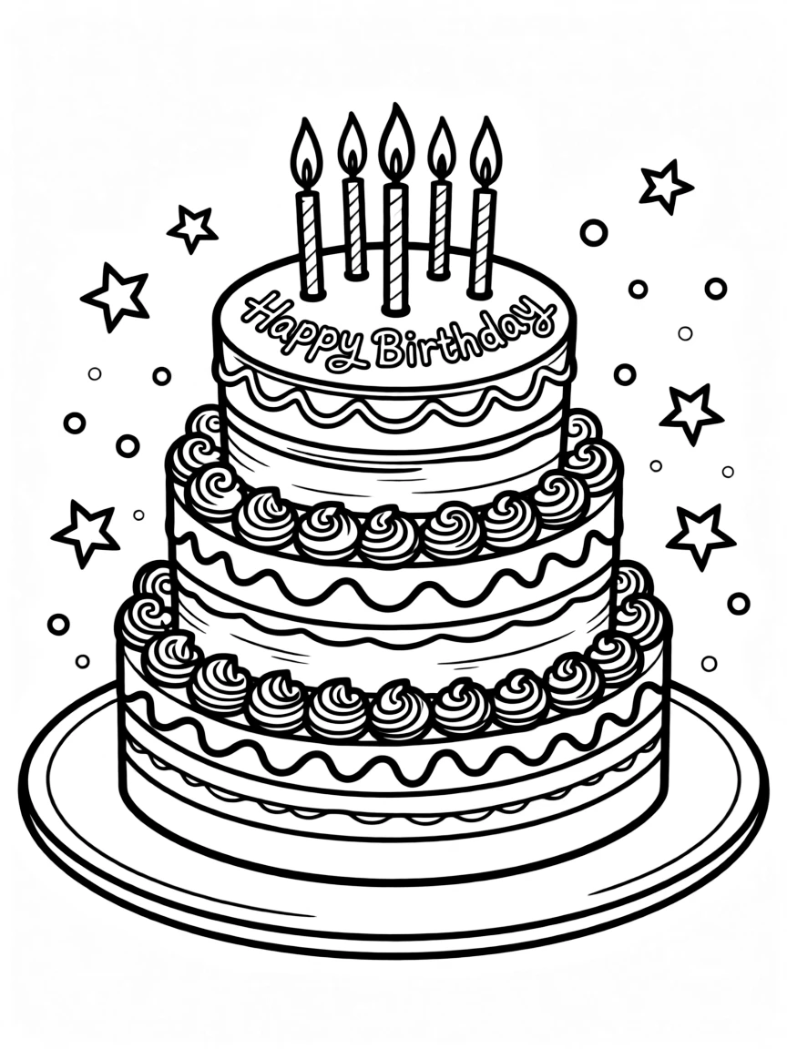 Birthday cake with multiple layers, colorful frosting, lit candles, and "Happy Birthday" written in icing
