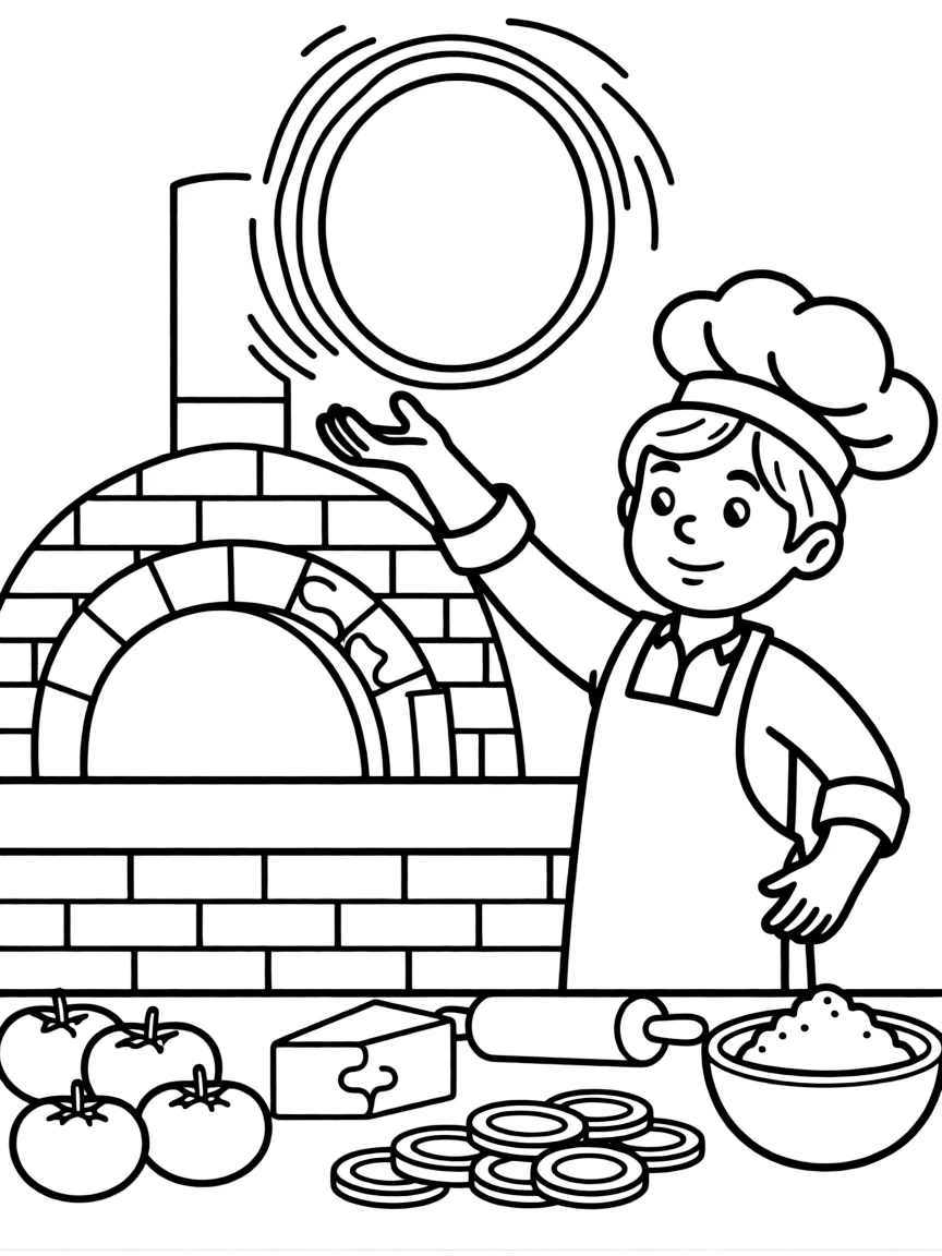 Pizza chef tossing dough in Italian kitchen with tomatoes, cheese, pepperoni, and wood-fired oven behind