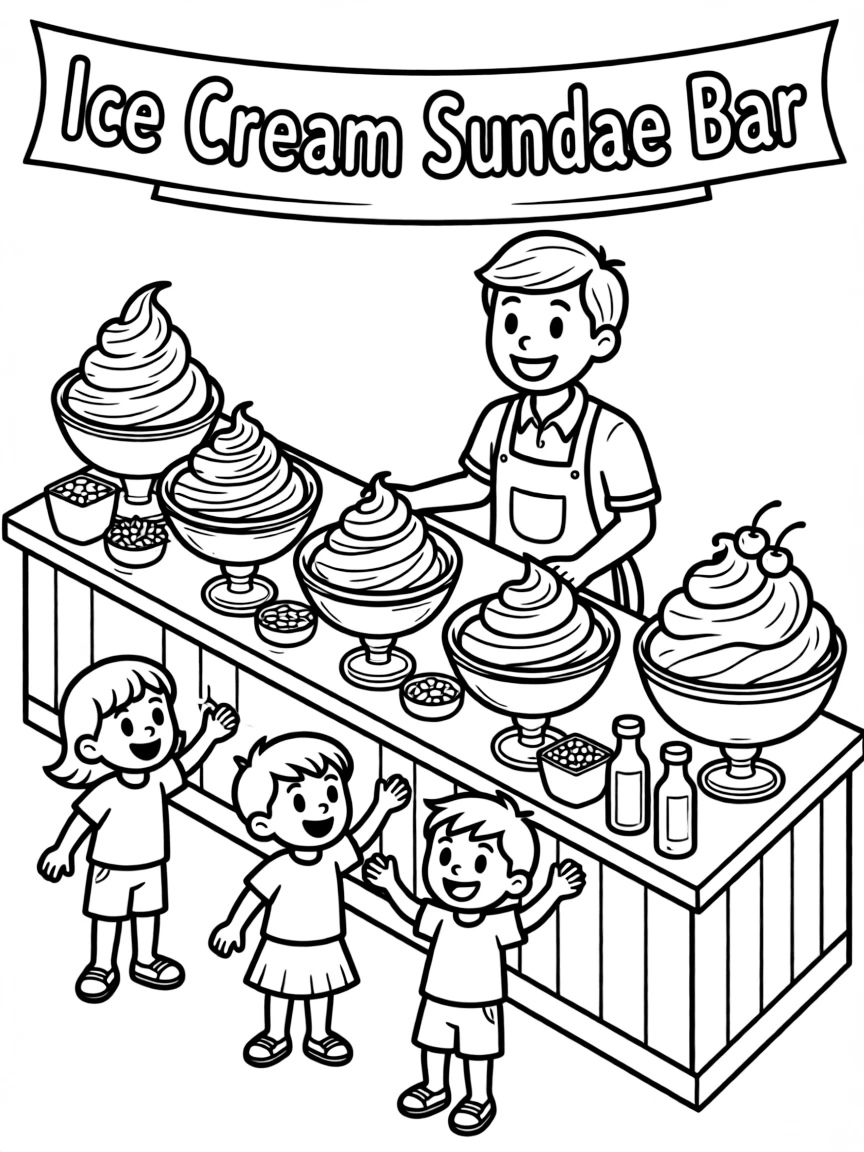 Ice cream sundae bar with multiple flavors, toppings, whipped cream, cherries, and excited children choosing
