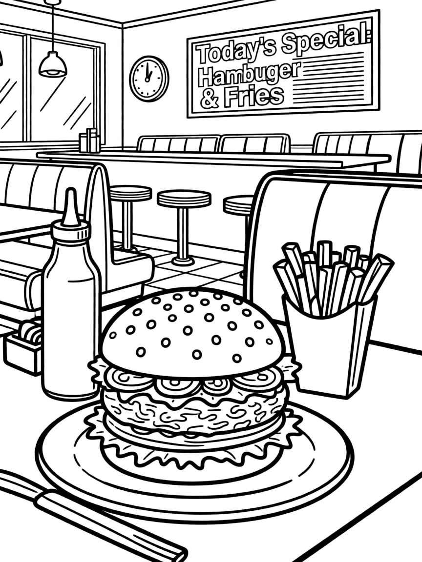 Hamburger and fries meal with lettuce, tomato, pickles, sesame seed bun, and diner setting atmosphere