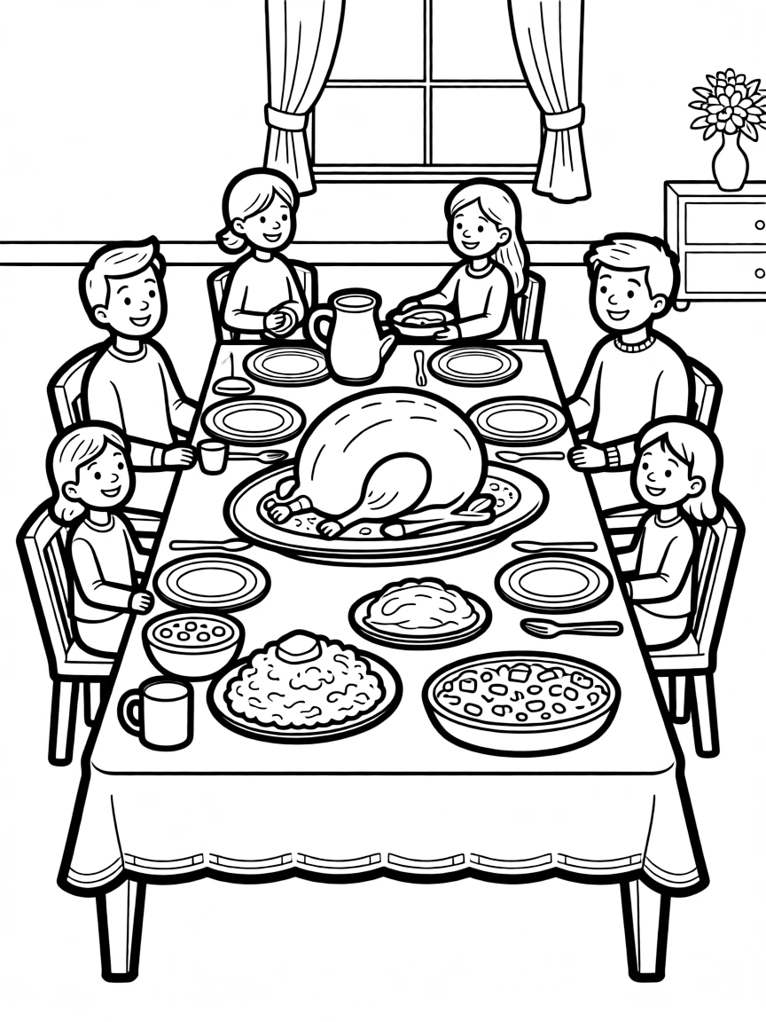 Thanksgiving turkey dinner with stuffing, cranberry sauce, mashed potatoes, and family gathered around table