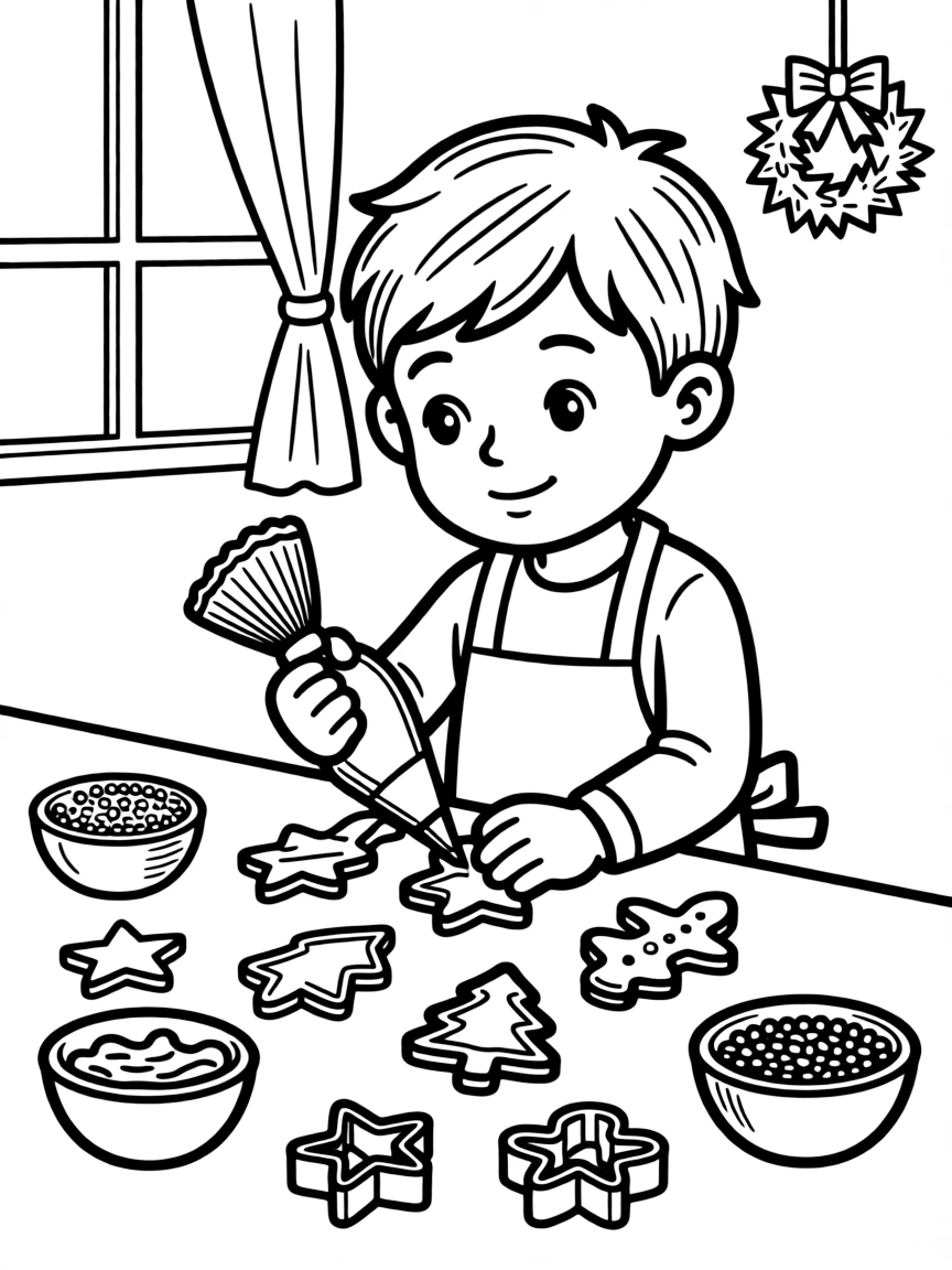 Christmas cookies decorating with royal icing, sprinkles, cookie cutters, and holiday shapes like stars
