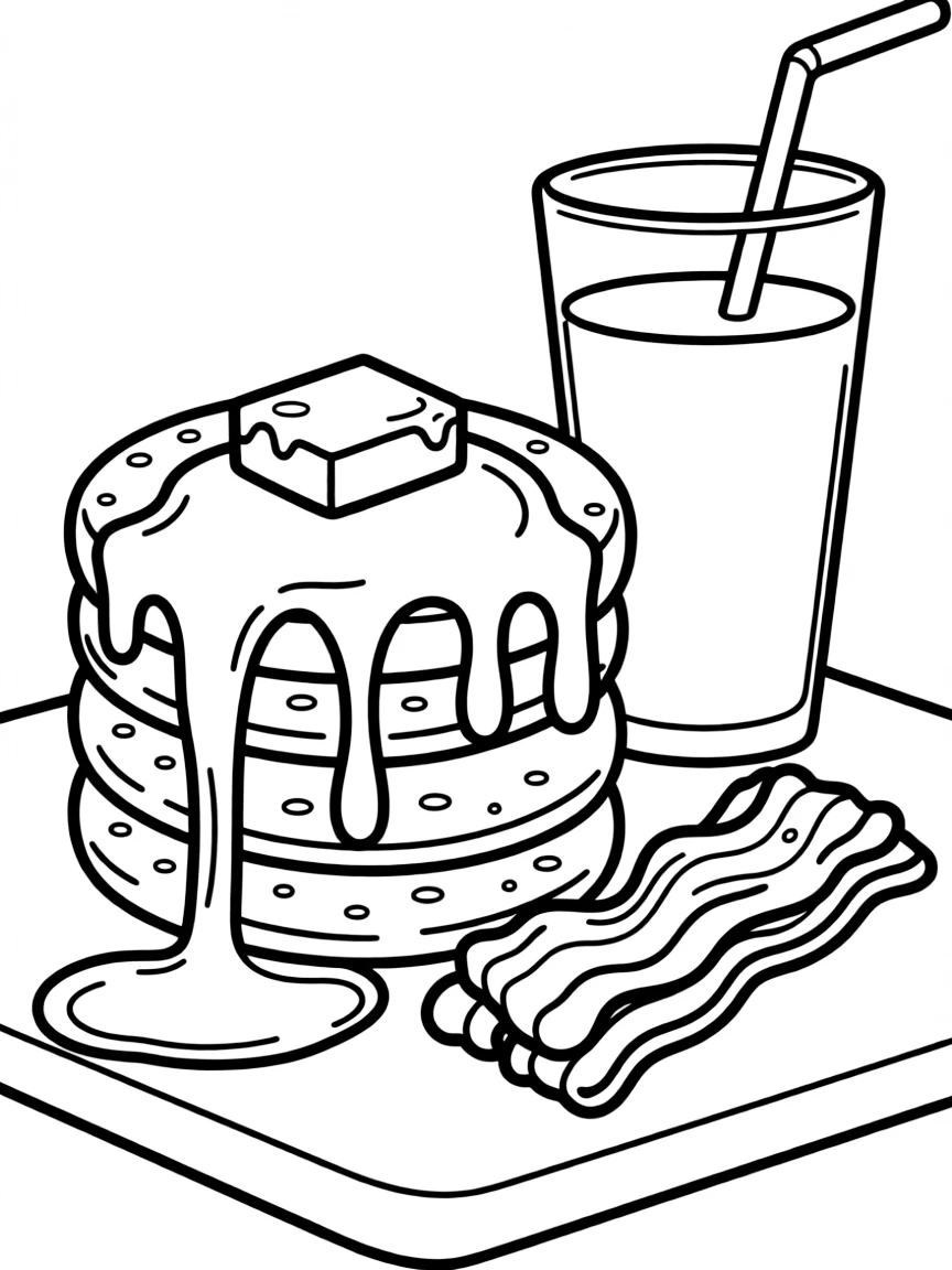 Pancake breakfast stack with syrup dripping, butter melting, bacon strips, and orange juice glass nearby