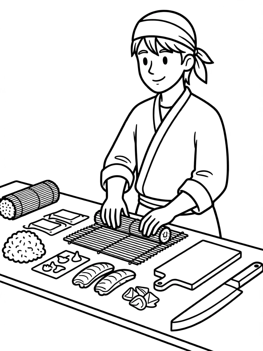 Sushi chef preparing rolls with rice, nori, fish, wasabi, ginger, and traditional Japanese kitchen tools