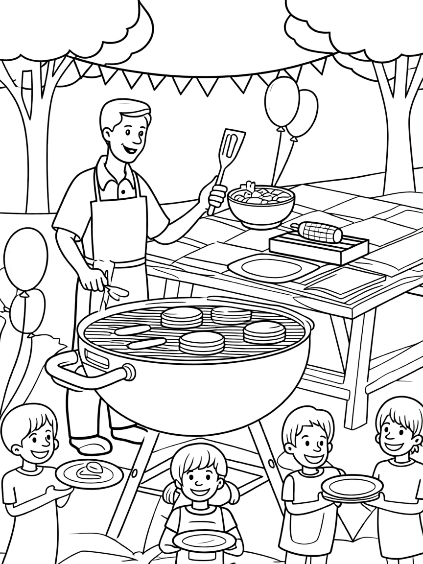 Barbecue cookout with grill master, hot dogs, burgers, corn on cob, and backyard party atmosphere