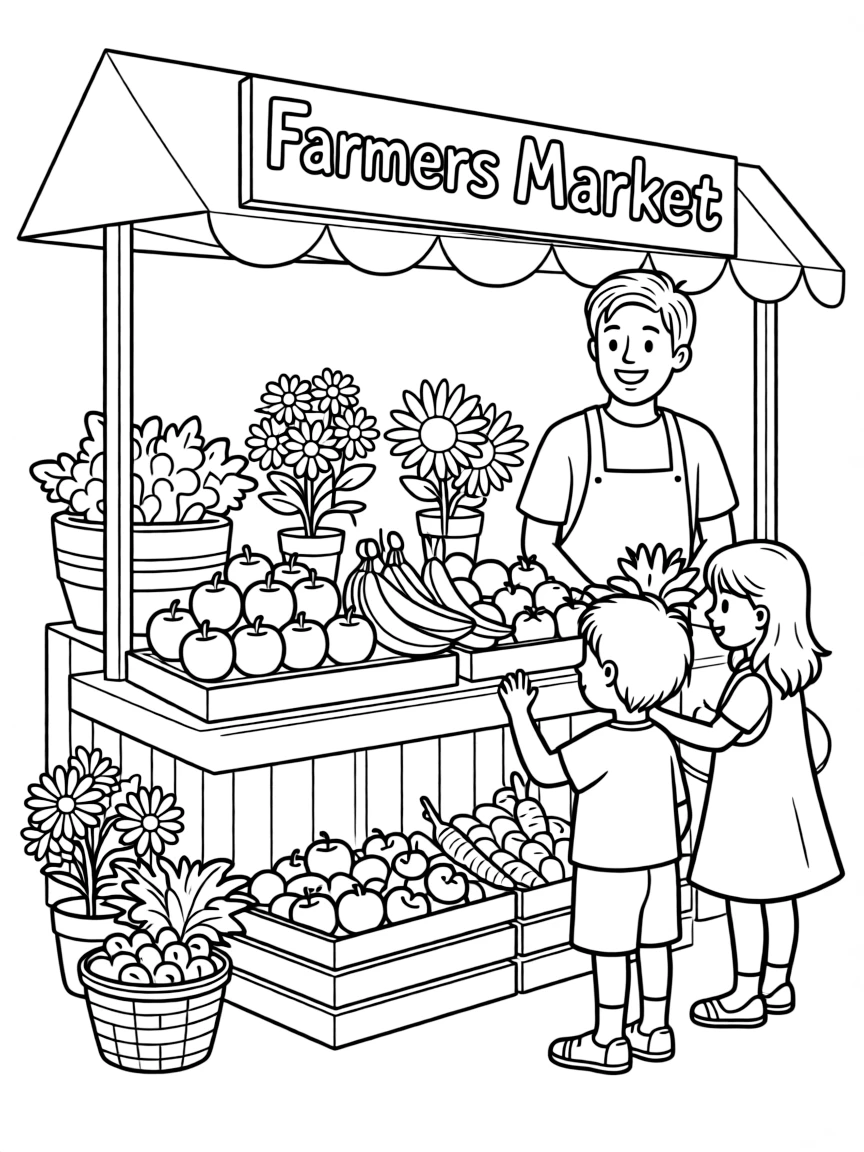 Farmers market produce stand with fresh fruits, vegetables, flowers, and friendly vendor with customers