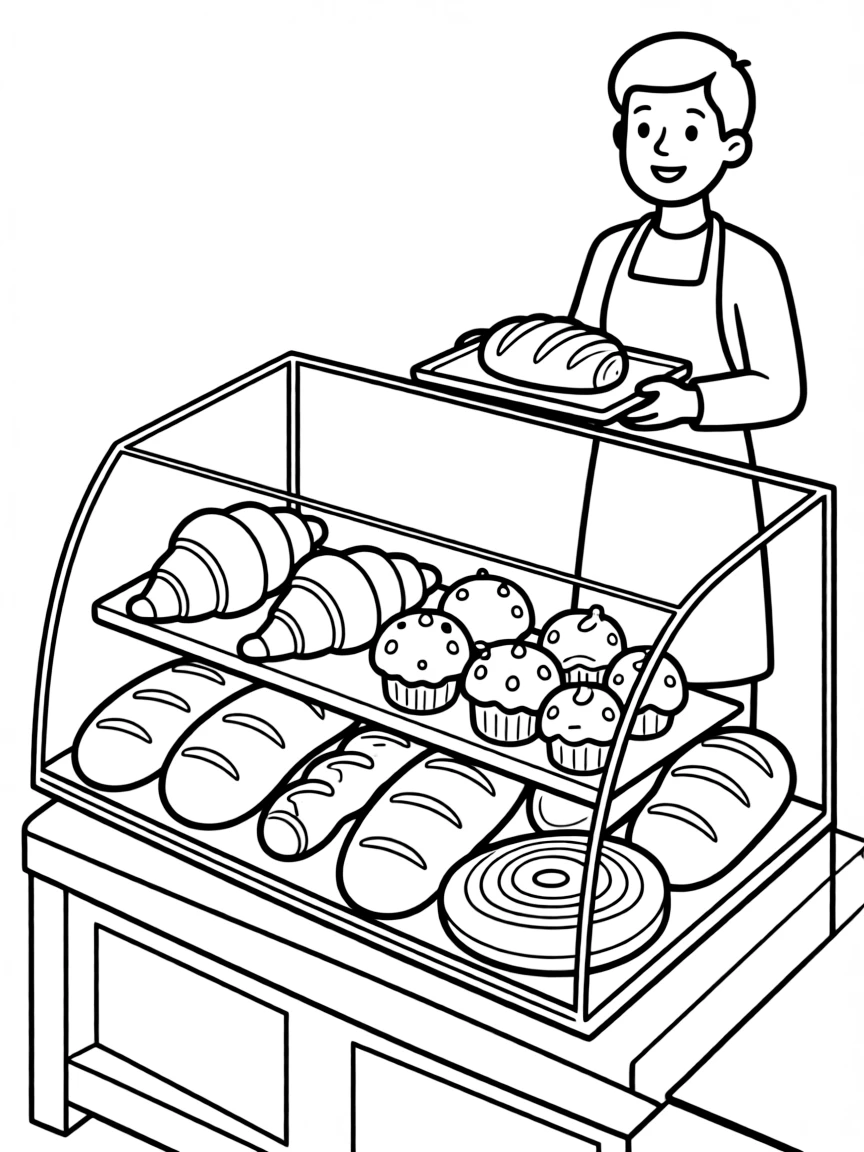 Bakery display case with croissants, muffins, bread loaves, Danish pastries, and baker in apron behind