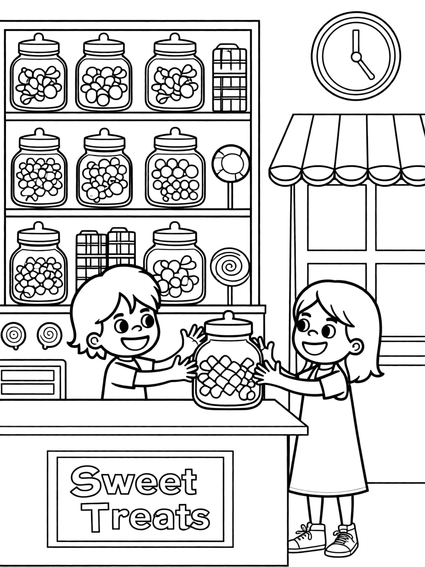 Candy store with jars of colorful sweets, lollipops, chocolate bars, and children with wide eyes