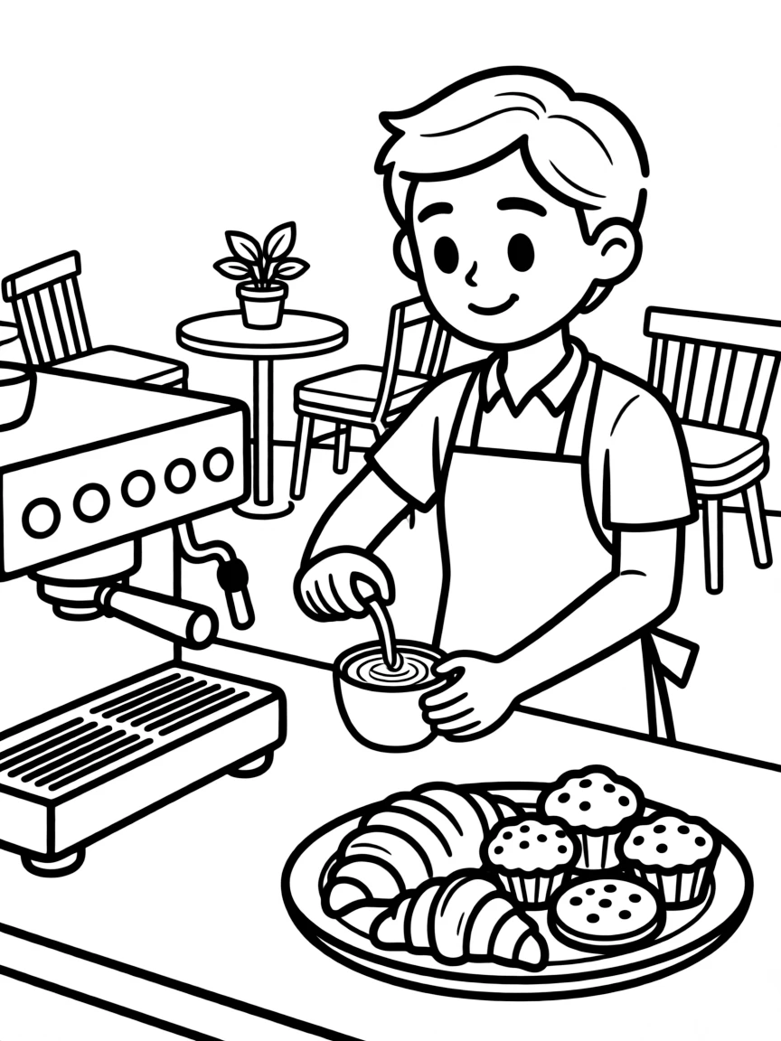 Coffee shop scene with barista making latte art, espresso machine, pastries, and cozy seating area