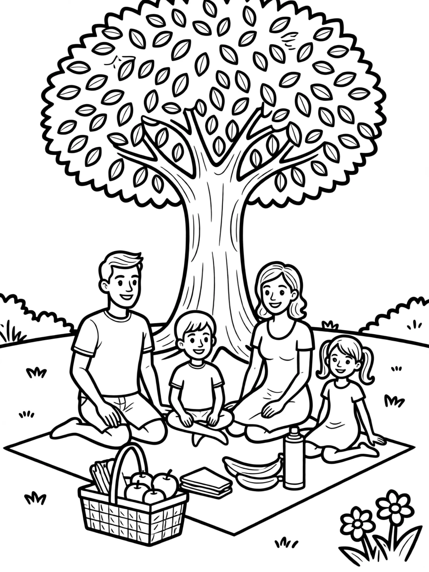 Picnic basket packed with sandwiches, fruit, thermos, blanket, and family in park setting under tree