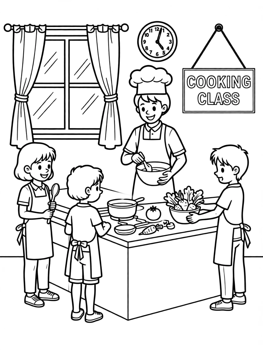 Kitchen cooking lesson with chef instructor, students in aprons, pots, pans, and ingredients scattered around