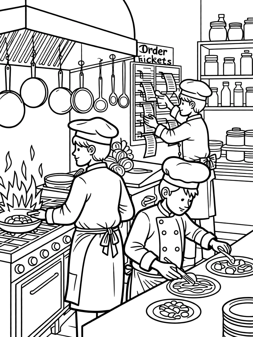 Restaurant kitchen during dinner rush with multiple chefs, orders hanging, flames from stove, and organized chaos