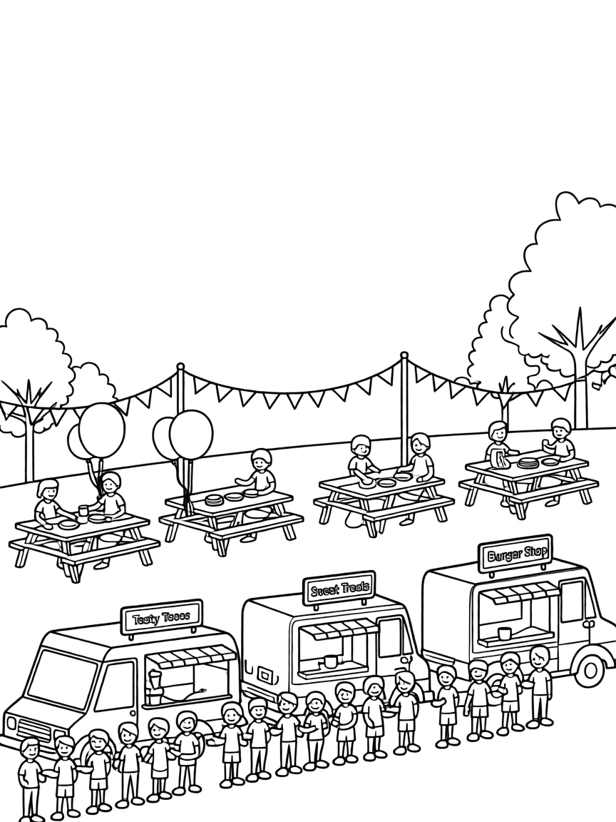 Food truck festival with various cuisines, long lines of customers, picnic tables, and festive atmosphere
