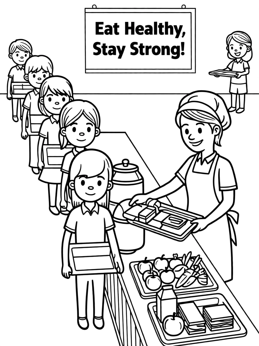 School cafeteria lunch line with students, lunch trays, healthy options, and cafeteria workers serving