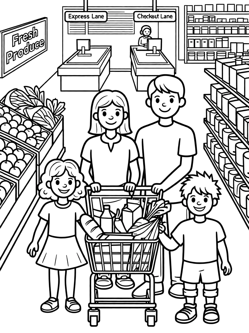 Grocery store shopping with family, cart full of items, produce section, and checkout lanes ahead