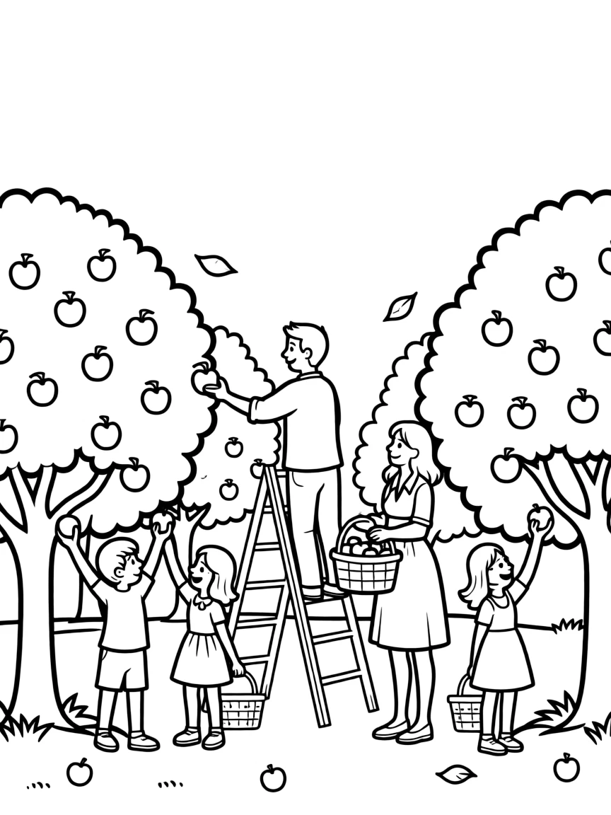 Apple orchard picking with ladders, baskets full of apples, families reaching for fruit, and autumn trees