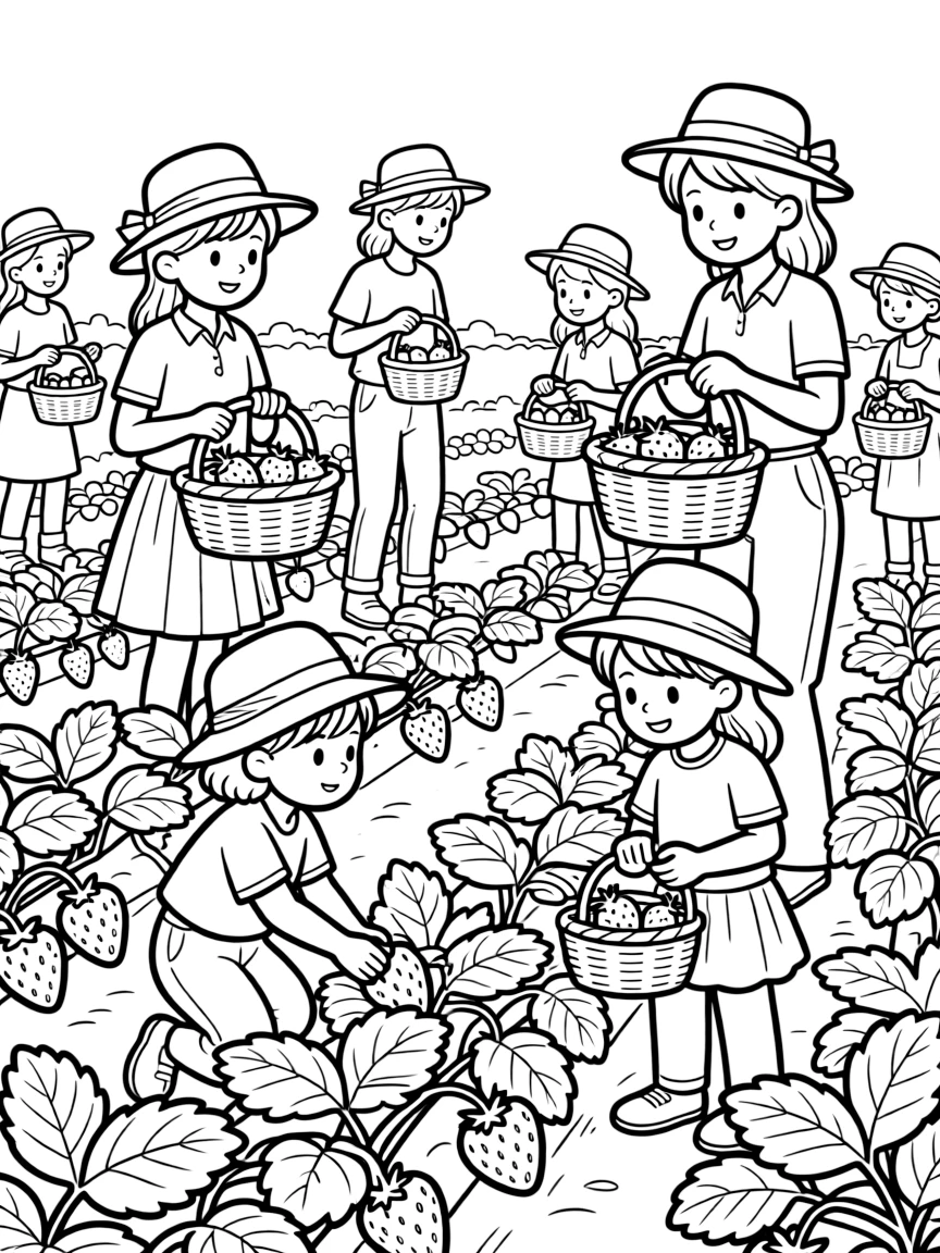 Strawberry patch with families picking berries, baskets, sun hats, and rows of strawberry plants