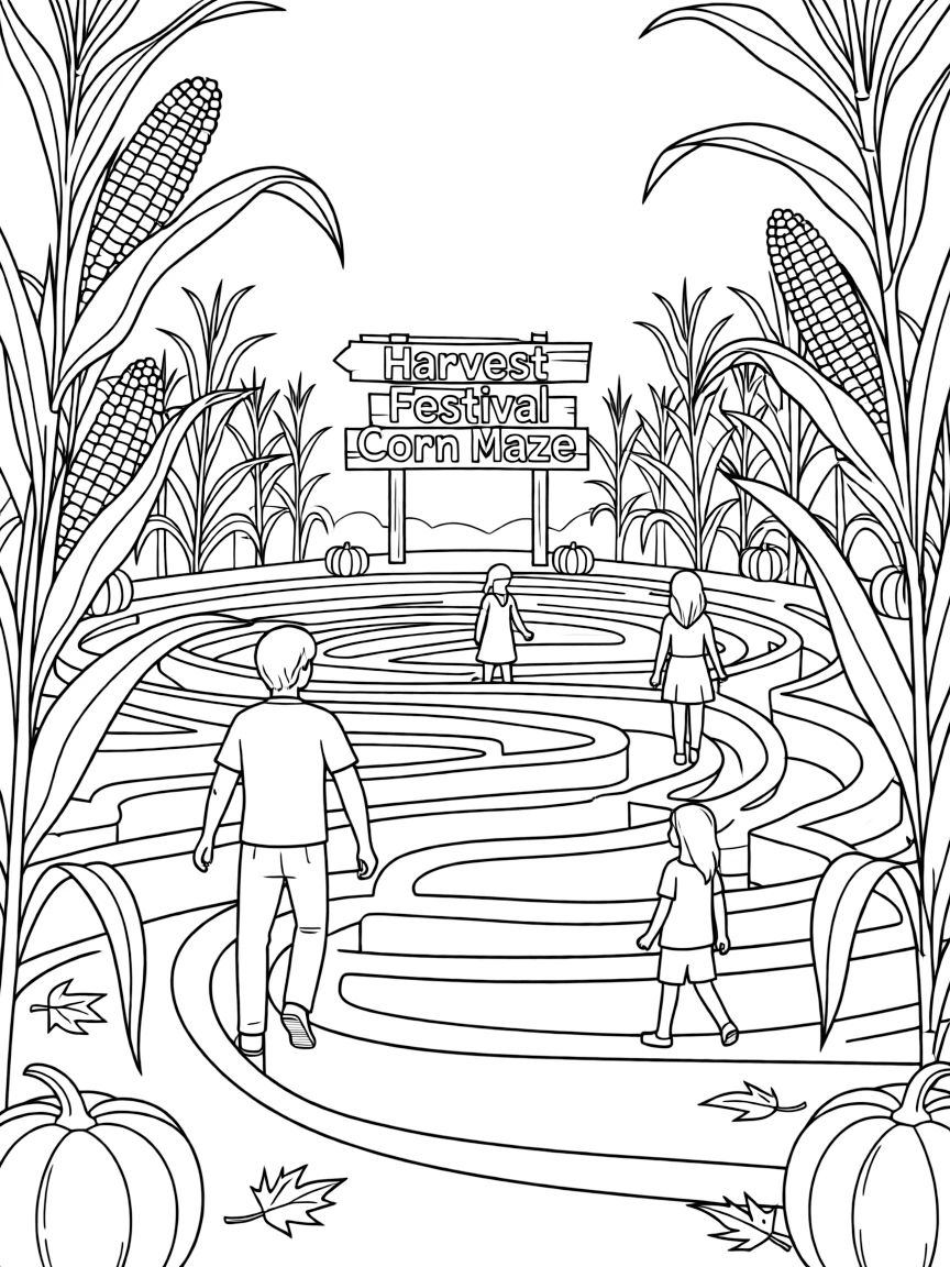 Corn maze with family navigating paths, corn stalks towering overhead, and harvest festival atmosphere