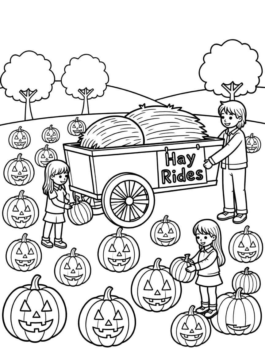Pumpkin patch with children selecting jack-o'-lantern pumpkins, hay rides, and orange pumpkins everywhere