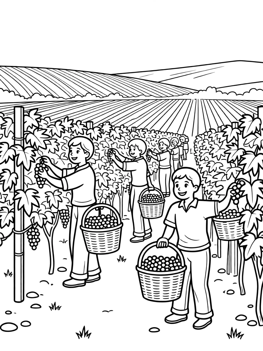 Vineyard grape harvest with workers picking grapes, baskets full of clusters, and rolling hills of vines