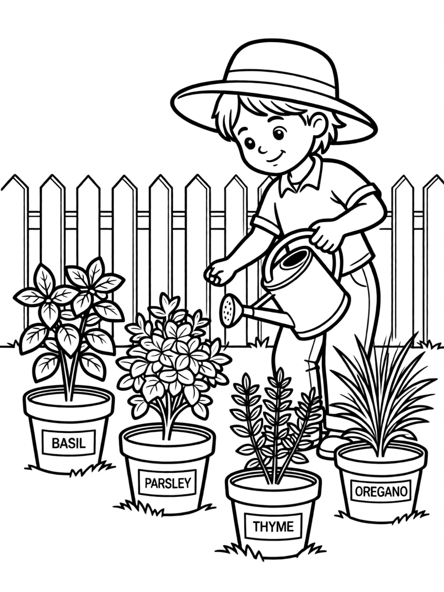 Herb garden with basil, parsley, thyme, oregano, and gardener tending plants with watering can