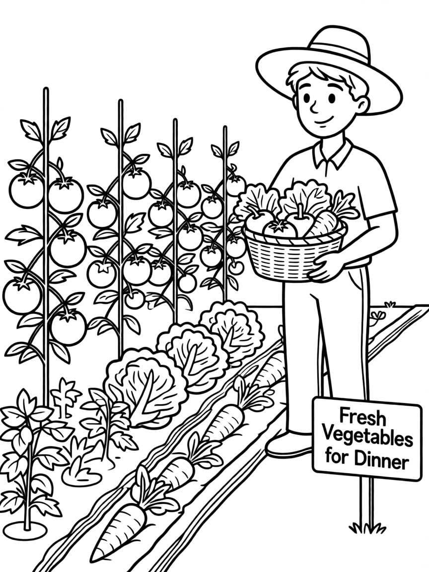 Vegetable garden with tomatoes, lettuce, carrots, peppers, and gardener harvesting fresh produce for dinner