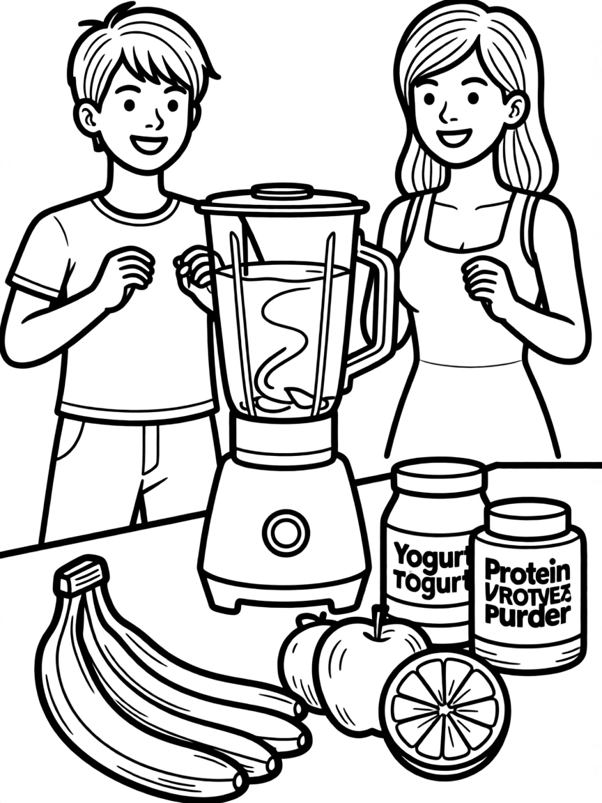 Fruit smoothie bar with blender, fresh fruits, yogurt, protein powder, and health-conscious customers