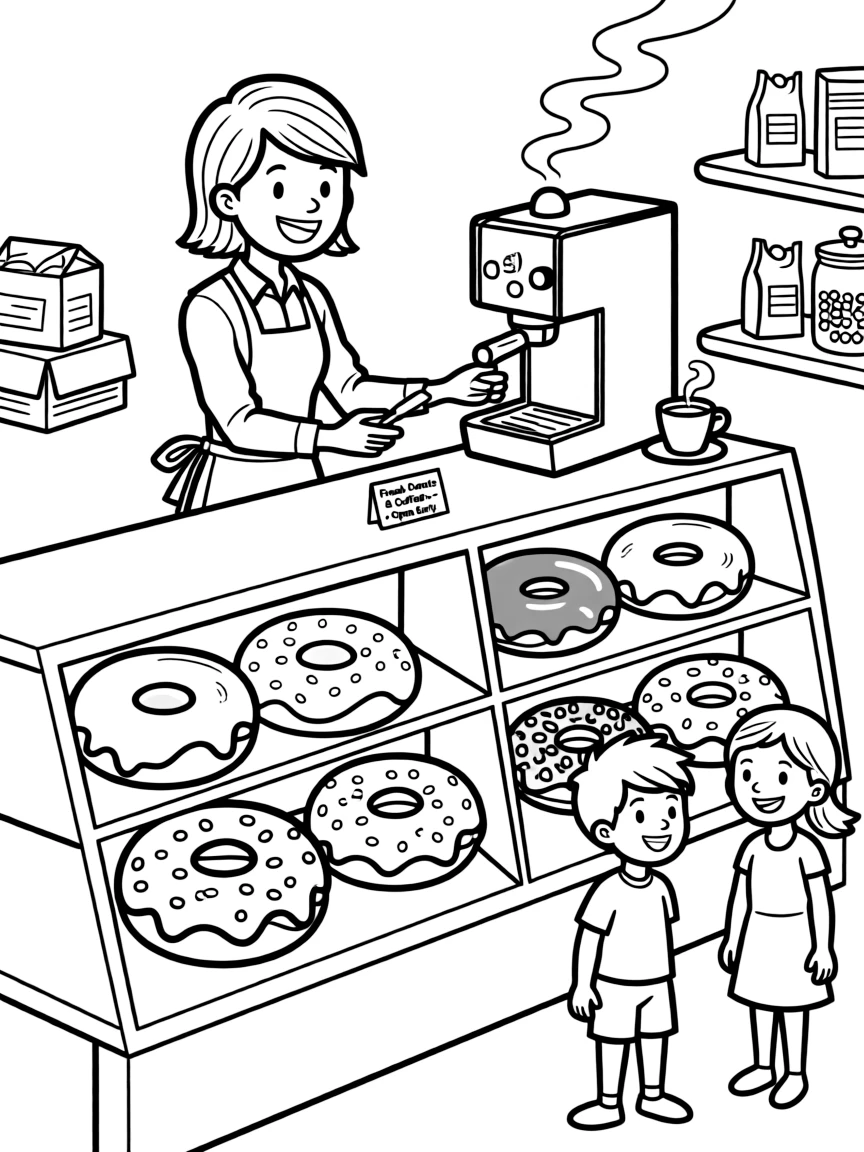Donut shop with glazed, chocolate, sprinkled varieties, coffee brewing, and early morning customers