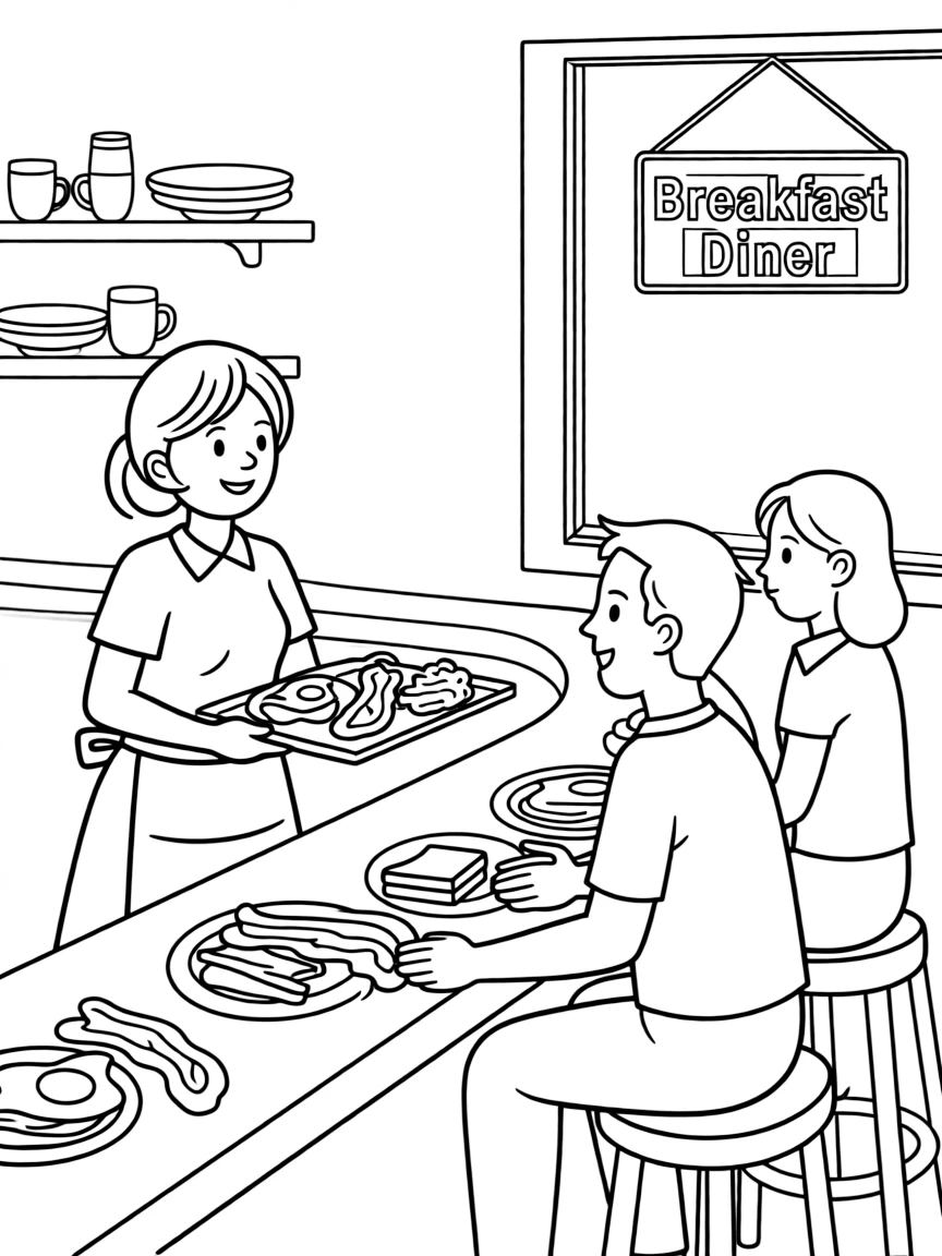 Breakfast diner with eggs, bacon, toast, hash browns, and waitress serving regular customers
