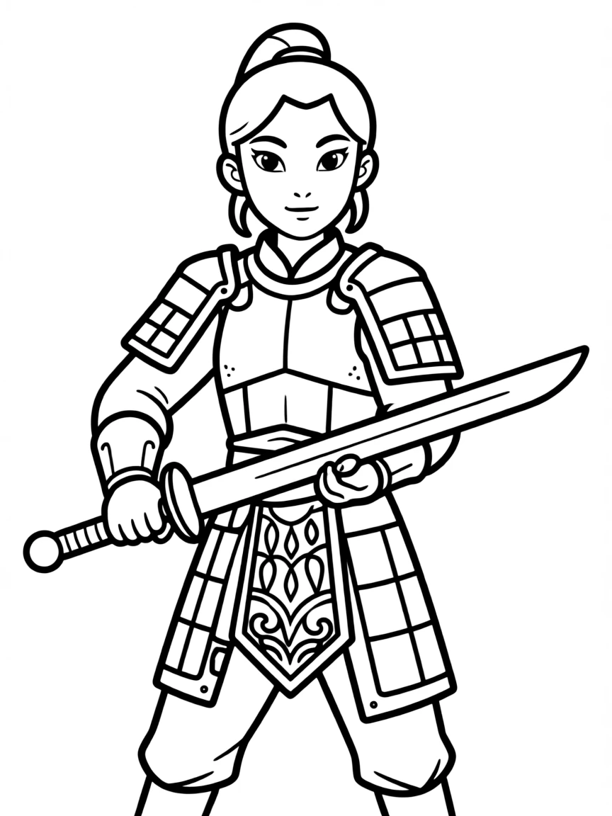 Mulan in traditional Chinese armor, holding her father's sword with determination