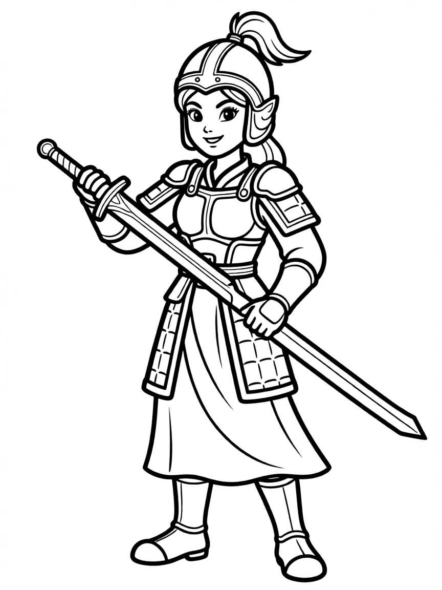 Mulan in traditional Chinese armor, holding her father's sword with determination