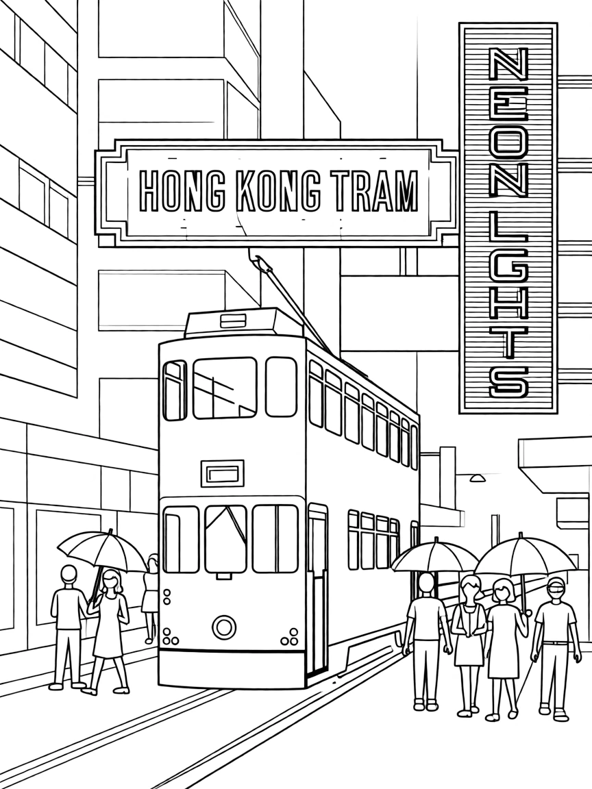 A bustling street in Hong Kong with a double-decker tram, bright neon signs, and people walking with umbrellas. ChatGPT said: