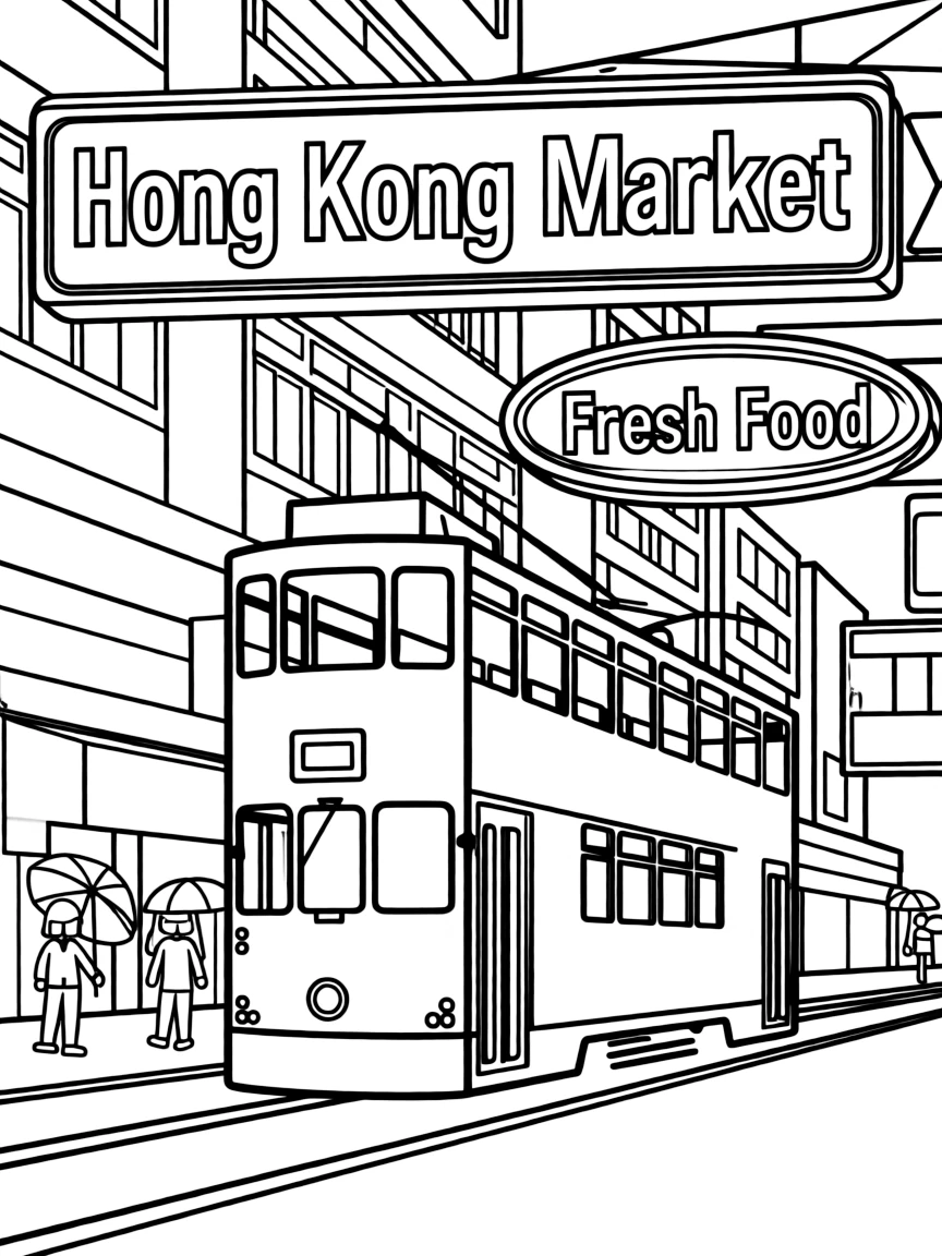 A bustling street in Hong Kong with a double-decker tram, bright neon signs, and people walking with umbrellas.