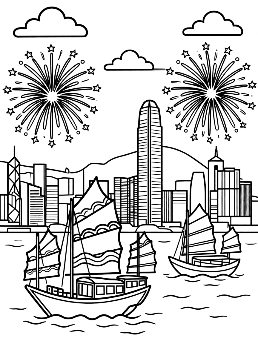 The iconic Victoria Harbour in Hong Kong with tall skyscrapers, traditional junk boats, and fireworks exploding in the sky.