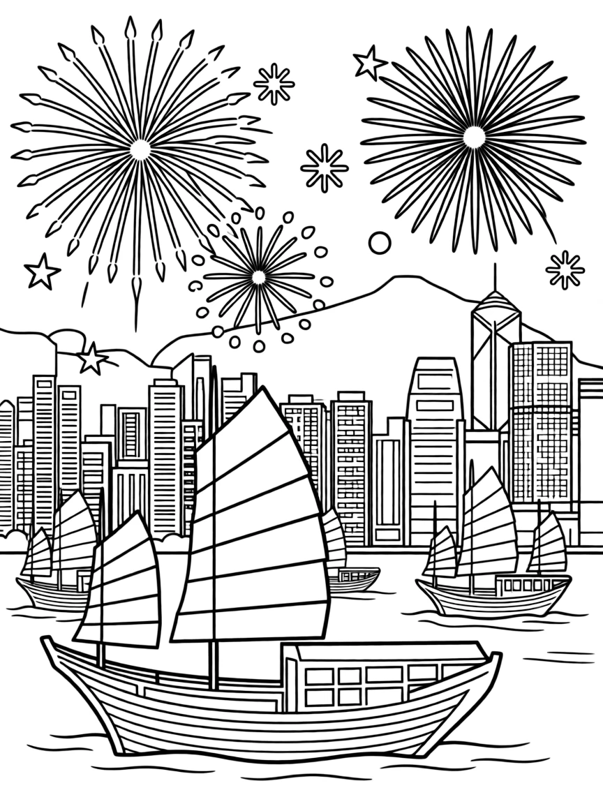 The iconic Victoria Harbour in Hong Kong with tall skyscrapers, traditional junk boats, and fireworks exploding in the sky.
